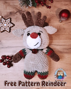 Free Pattern Christmas Reindeer Amigurumi - Beige Body, Brown Horns, Red Nose