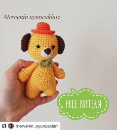 Handwritten Crochet Pattern for Cute Yellow Dog Amigurumi with Hat and Bow Tie