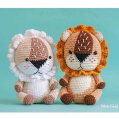 Hướng dẫn chi tiết cách móc búp bê sư tử Amigurumi với các màu kem, nâu và trắng kèm biểu đồ từng bước
