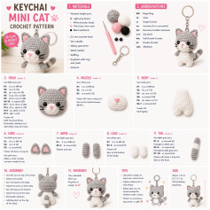 Keychai Mini Cat Crochet Pattern: Free Chart for Cute Gray and White Amigurumi Keychain