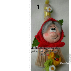 Knitting pattern for Granny doll with red hood, gray hair and flower hat