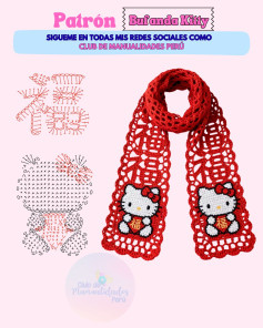 Patrón Bufanda Kitty: Diseño de bufanda roja con Hello Kitty y símbolo 'Fu' para Año Nuevo, incluye gráfico crochet