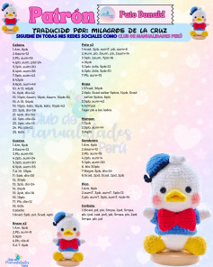 Patrón de tejido a crochet para Pato Donald, búp bê amigurumi dễ thương với mũ xanh và nơ đỏ