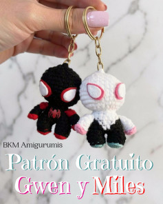 Patrón Gratuito Amigurumi Gwen y Miles Morales Llaveros Spider-Man