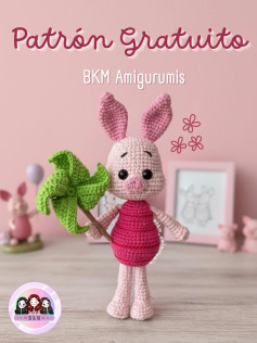 Patrón Gratuito BKM Amigurumis: Muñeco de conejo rosa con vestido fucsia y abanico verde, materiales y abreviaturas