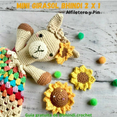 Patrón gratuito de Mini Girasol Bhindi: Alfilerero y Pin de crochet amarillo y marrón