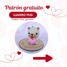Patrón gratuito Llavero Pug amigurumi beige con corazón rosa, diseño Mia_gurumis