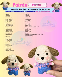Patrón Perrito Amigurumi: Guía de tejido para perro lindo con overol azul y pañuelo rosa