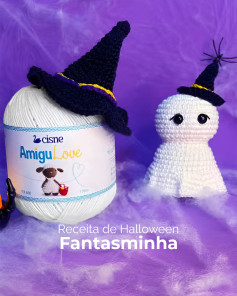 Receita de Halloween Fantasmínha - Búp bê ma móc len dễ thương với mũ phù thủy và hướng dẫn chi tiết từng bước