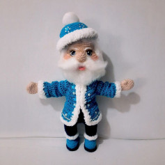Schematic crochet pattern for Deda Moroz amigurumi doll with blue coat and white beard