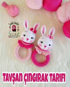 Tavşan Cıngırak Tarifi: Hướng dẫn móc len vòng cầm hình thỏ màu hồng và trắng dễ thương